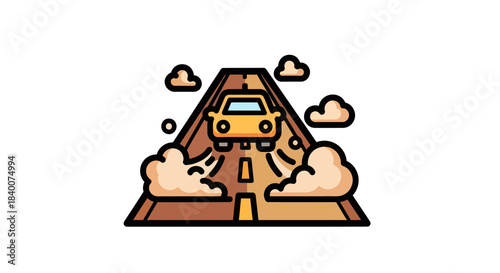 A Yellow Car Driving Down The Road With Clouds And Clear Sky Abstract Illustration