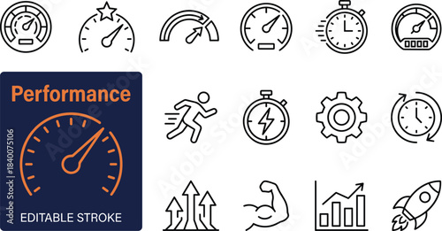High-performance line icons collection illustrating speed, efficiency, productivity, growth, power, optimization, progress tracking, and improvement metrics for business and personal development.