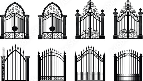 Elegant ornate wrought iron gate vector collection featuring decorative vintage entrance designs, classic architectural fence elements, and detailed metal gate silhouettes for illustration use