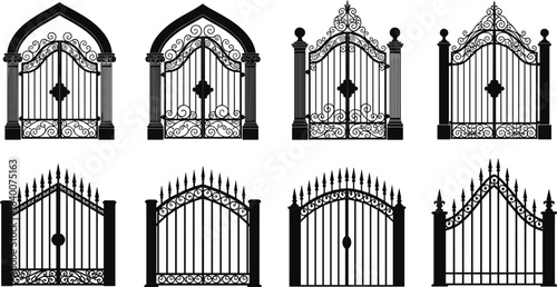 Elegant ornate wrought iron gate vector collection featuring decorative vintage entrance designs, detailed architectural fence elements, classic metal gate silhouettes, and luxury ornamental patterns
