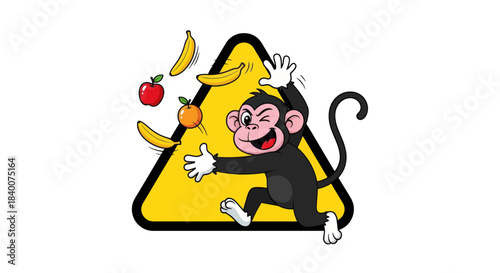 A Playful Monkey Winking And Catching Fruit Inside A Warning Triangle