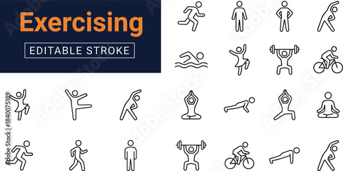 Modern exercising line icons set illustrating fitness activities, workout routines, yoga poses, cardio exercises, strength training, healthy lifestyle, and physical wellbeing.