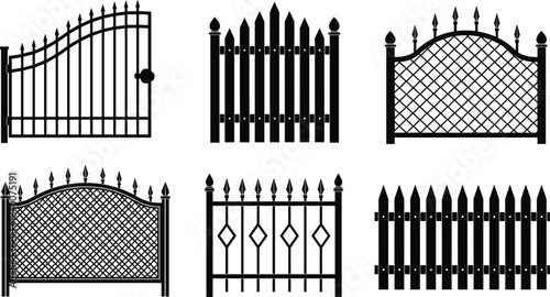 Elegant wrought iron and wooden gate vector collection featuring decorative fence designs, security barriers, ornamental patterns, and stylish boundary elements for architectural illustration use