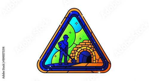 A Stained Glass Illustration Depicting An Engineer and A Brick Tunnel