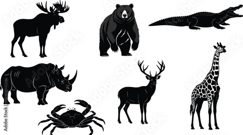 Wildlife animal silhouette and detailed vector illustration featuring giraffe, bear, moose, deer, crocodile, rhino and crab for nature design and educational artwork