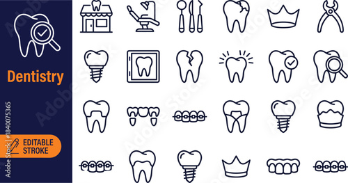 Modern dentistry line icons set featuring dental care tools, tooth treatment symbols, oral hygiene elements, implants, braces, crowns, and professional services.