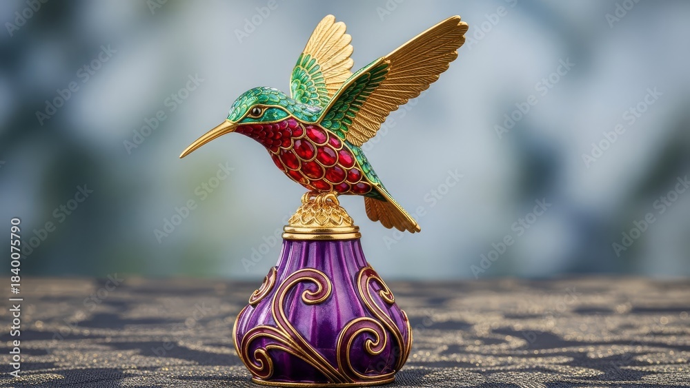Naklejka premium Hummingbird figurine on purple perfume bottle, perfect for branding, product packaging, or naturethemed designs for greeting cards, stationery, and more.