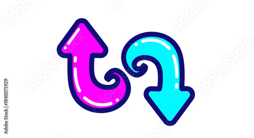 Abstract Colorful Up And Down Arrows Design With Unique Curled Ends Against White Background