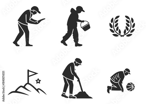 Set of six silhouette icons representing various activities and achievements