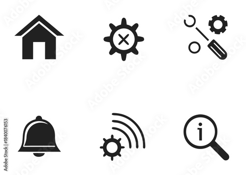 Collection of black icons representing home settings tools notification and search