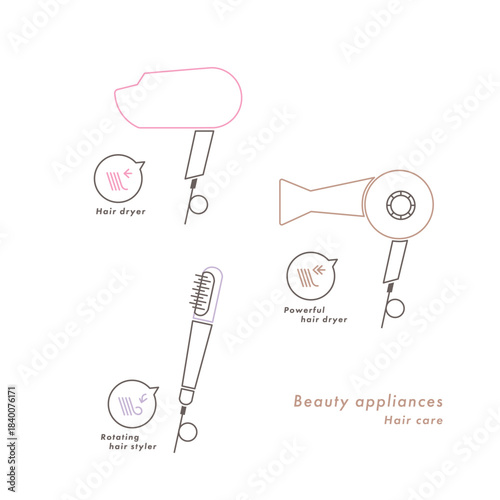 美髪の美容家電のイラスト ドライヤー・パワフルドライヤー・カールドライヤー