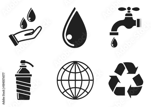 Set of six black and white icons representing water conservation and environmental protection
