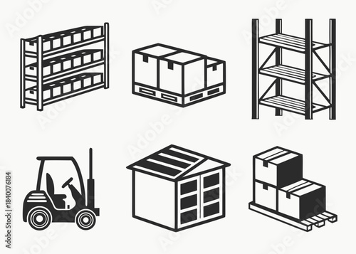 Warehouse and logistics icons set with shelving boxes forklift and storage unit