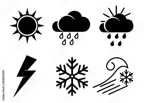 Collection of black weather icons on white background