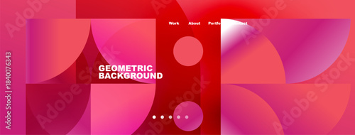 Abstract geometric background. Pink, purple hues dominate design. Text includes work, about, portfolio, contact. Circles present.