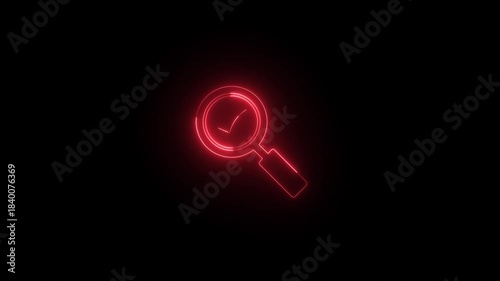 Glowing neon line Magnifying glass with check mark icon animated on black background. 4K Video motion graphic animation.