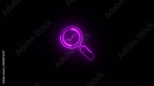 Glowing neon line Magnifying glass with check mark icon animated on black background. 4K Video motion graphic animation.