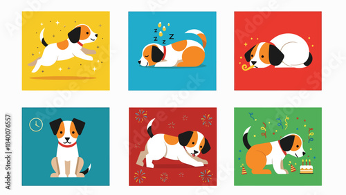 A colorful illustration of a happy dog in various poses on different colored backgrounds, celebrating happy new year.