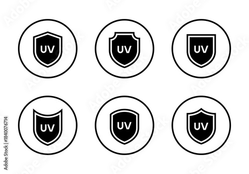 UV protection shield icon set in circular outline. Safety, sunblock, and ultraviolet barrier symbol