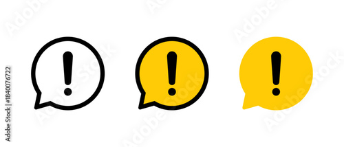 Warning speech bubble icon set. Alert, danger, and notification marker symbol. Exclamation chat sign