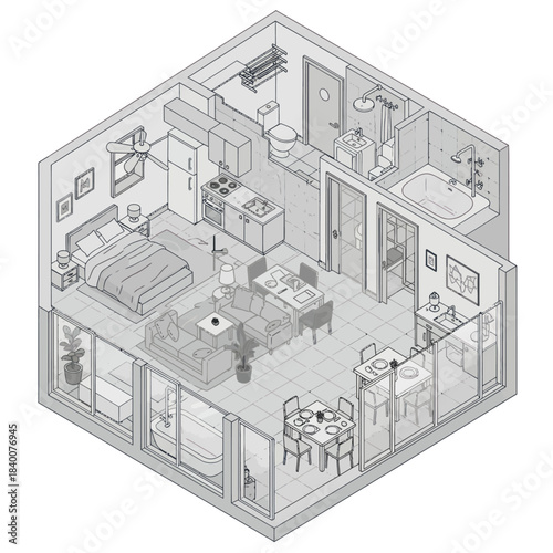 Isometric view of a modern studio apartment layout with living area bedroom and kitchen.