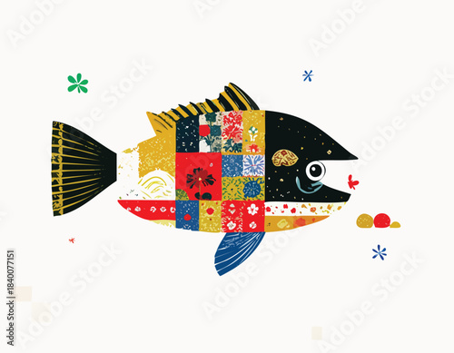 Happy birthday card illustration featuring funny cartoon birds and colorful flying sea animals pattern design