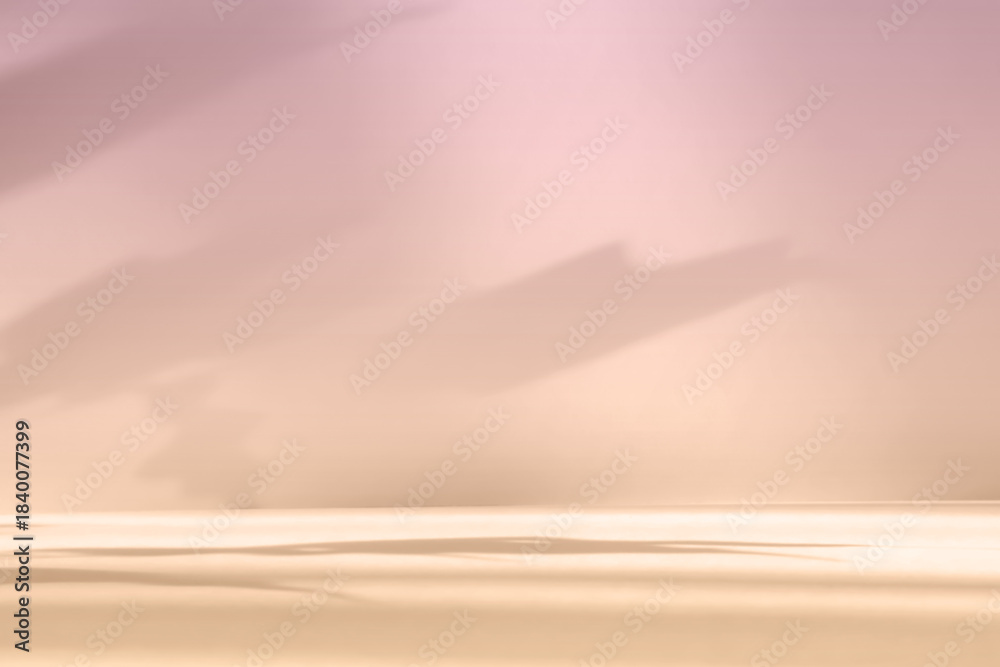 Obraz premium Abstract pink color gradient studio background for product presentation. Empty room with shadows of flowers and plant leaves. 3d violet room with copy space. Summer concept. Blurred backdrop