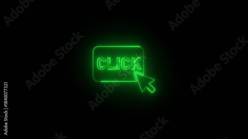 Glowing neon line click icon animated on black background. 4K Video motion graphic animation
