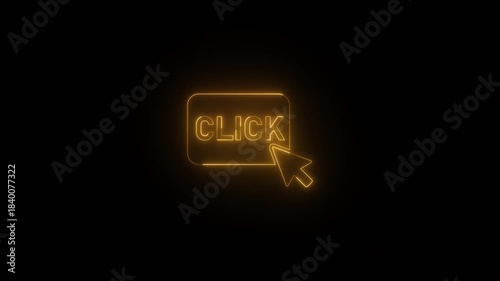 Glowing neon line click icon animated on black background. 4K Video motion graphic animation