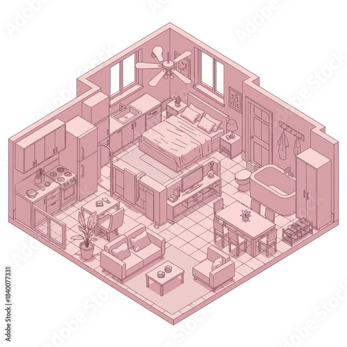 Isometric View of a Modern Studio Apartment Layout in Pink Tones.