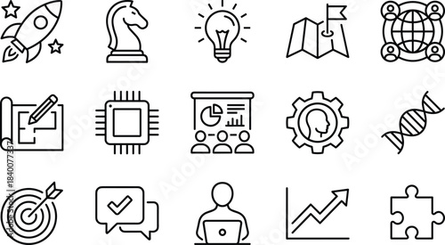 Startup business strategy and innovation line icons set, rocket, idea, target, puzzle, management, planning, development, growth, vector illustration, isolated.