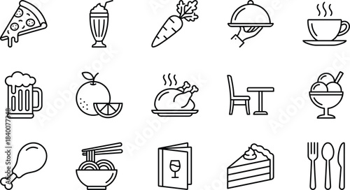 Food and drink line icons set, restaurant menu, fast food, healthy meal, cafe, dinner symbols, vector illustration, isolated, outline style.