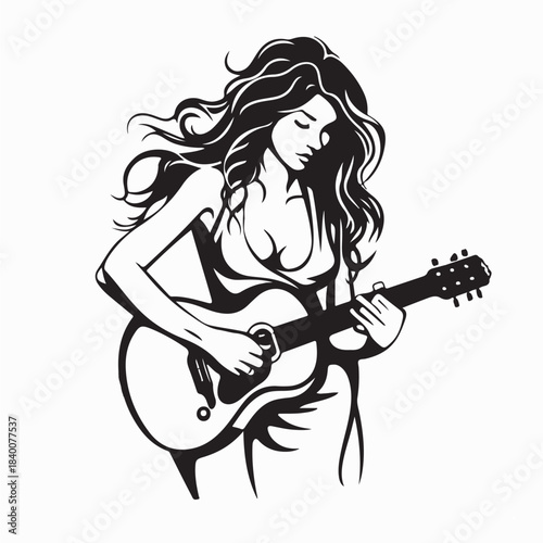 Woman Playing Acoustic Guitar Illustration on White Background