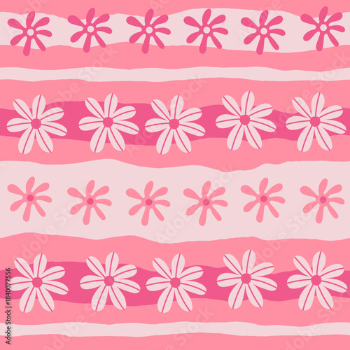 Pink Floral Striped Seamless Pattern. Chamomile and Daisy Blossoms Pastel Contemporary hand drawn minimal background. Repeat Vector illustration