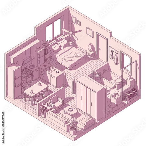 Isometric View of a Cozy and Functional Studio Apartment Layout.