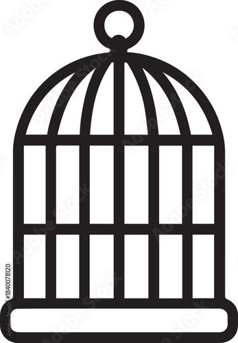 An empty birdcage, a symbol of confinement and freedom, is presented in a modern, minimalistic graphic, evoking thought on captivity and release. 