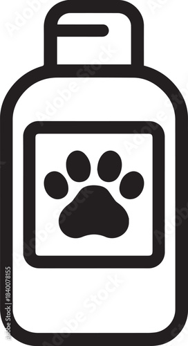 A minimalist depiction of a pet care bottle, simple line art style on a clean background. Focus on pet care product label, the perfect addition to design needs.