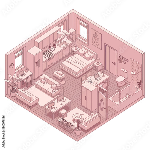 Cozy Isometric Studio Apartment Layout with Living Area Kitchen and Bedroom.