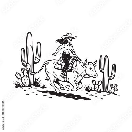 Cowgirl riding bull through desert with cactus, vintage illustration style