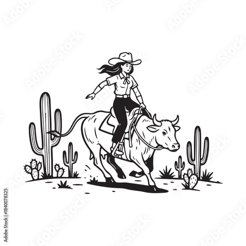 Cowgirl riding bull in desert with cactus illustration