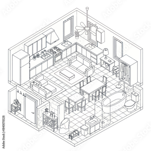 Isometric view of a detailed modern apartment layout with furniture and fixtures.