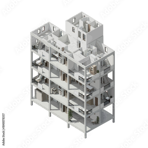 Isometric view of a multi-story building structure with visible interior layouts.