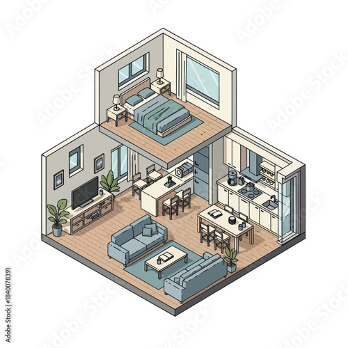 Isometric View of a Modern Two-Story Apartment Interior Design.