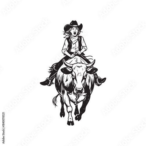 Action-packed rodeo cowgirl riding a bucking bull, illustration