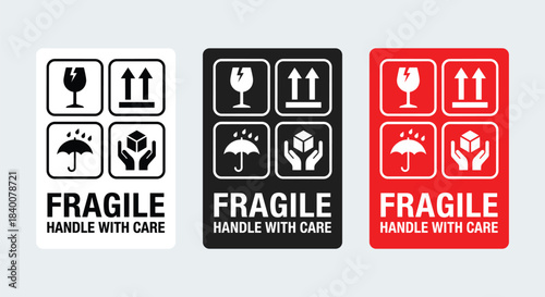 Fragile handle with care shipping labels and icons vector set