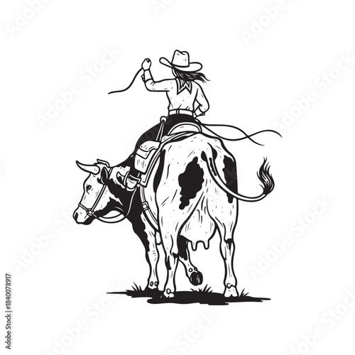Cowgirl riding a bucking bull with lasso, classic western rodeo