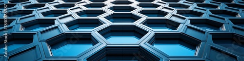 Futuristic blue cellular design. This design showcases a repeating pattern of geometric hexagons, suggesting connectivity and innovation. The scene is bathed in cool tones.