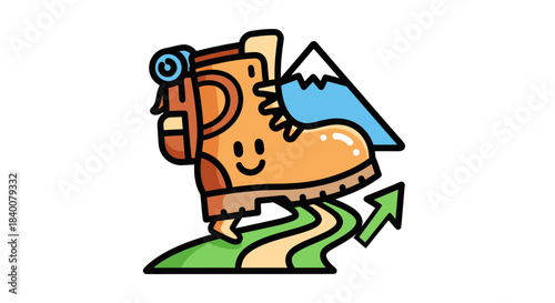 Adventures Await: Cartoon Boot Hiking Up Mountain Path, Ready For Exploration and Journey