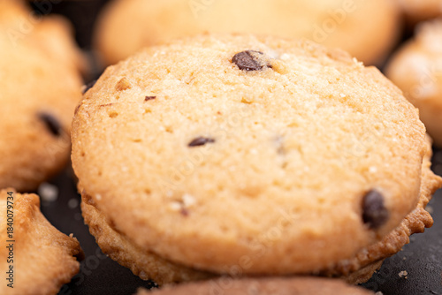 A detailed close-up view of a chocolate chip cookie, highlighting its crumbly texture, golden baked surface, and embedded chocolate pieces.