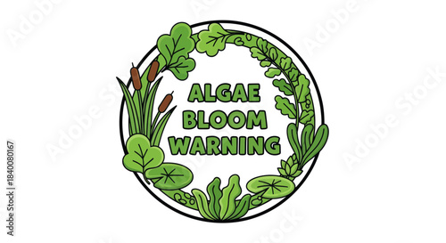 Algae Bloom Warning Signage: Circular Illustration Featuring Aquatic Plants and Caution